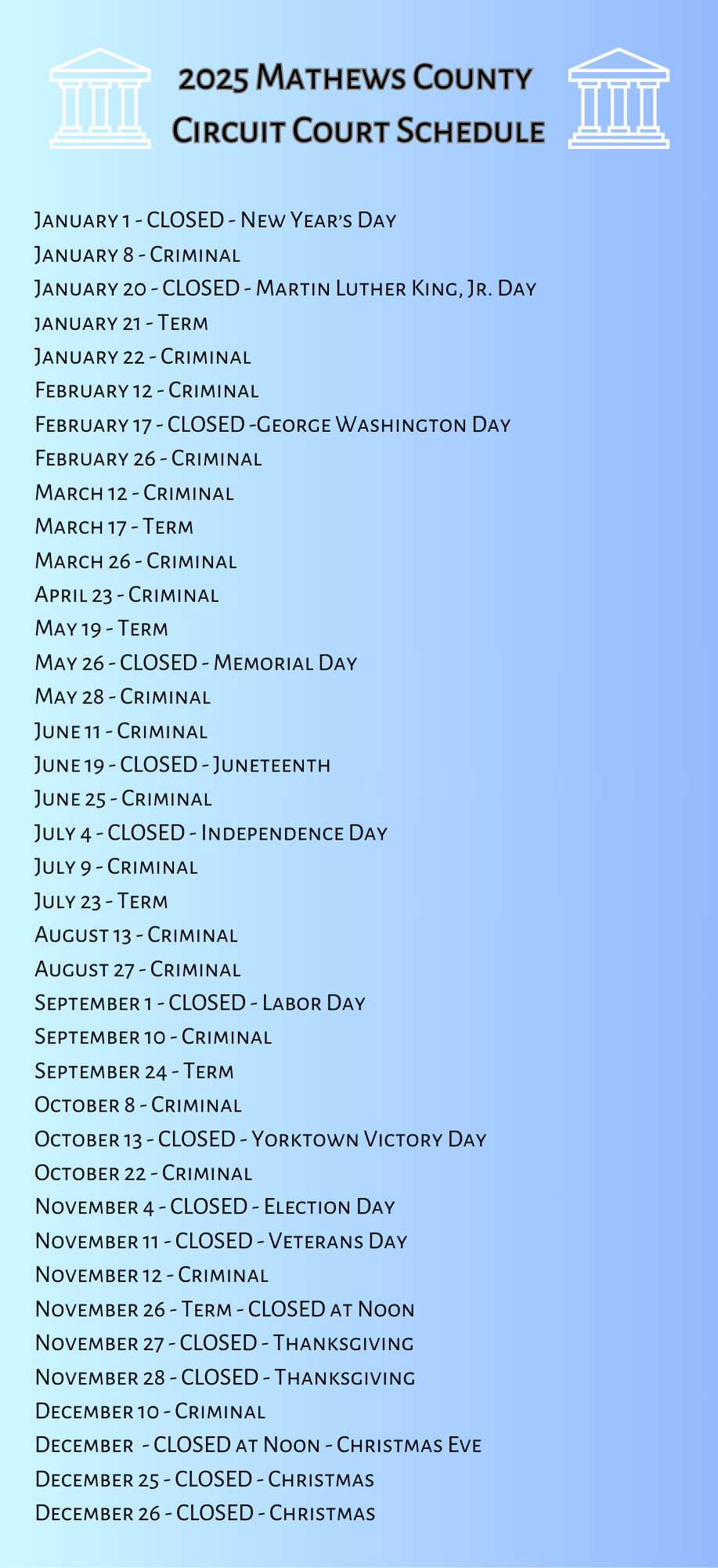 2025 Mathews County Circuit Court Schedule (5.5 x 12 in)
